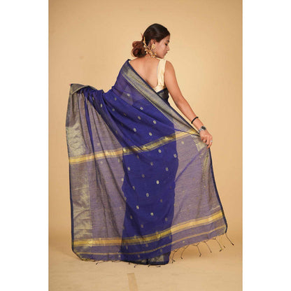 Isadora Life Womens Woven Tassels Blue Pre-Draped Saree With Unstitched Blouse