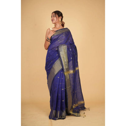 Isadora Life Womens Woven Tassels Blue Pre-Draped Saree With Unstitched Blouse