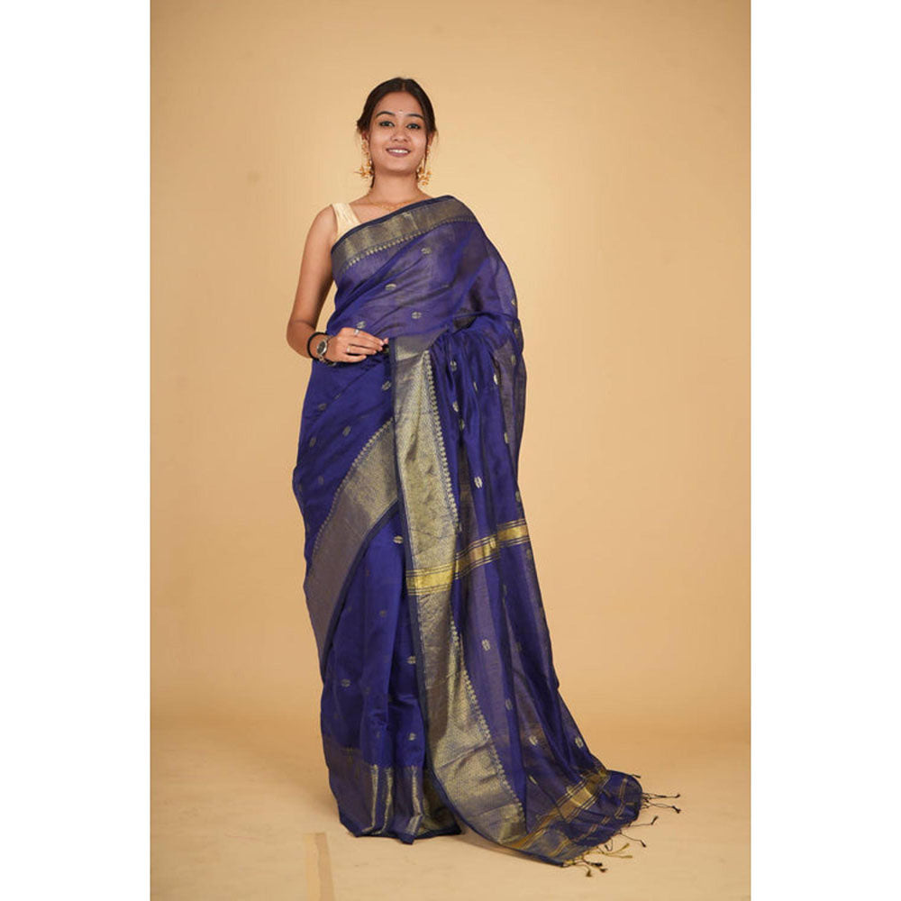 Isadora Life Womens Woven Tassels Blue Pre-Draped Saree With Unstitched Blouse