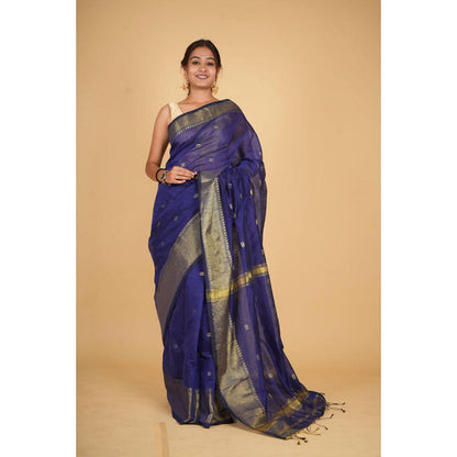Isadora Life Womens Woven Tassels Blue Pre-Draped Saree With Unstitched Blouse