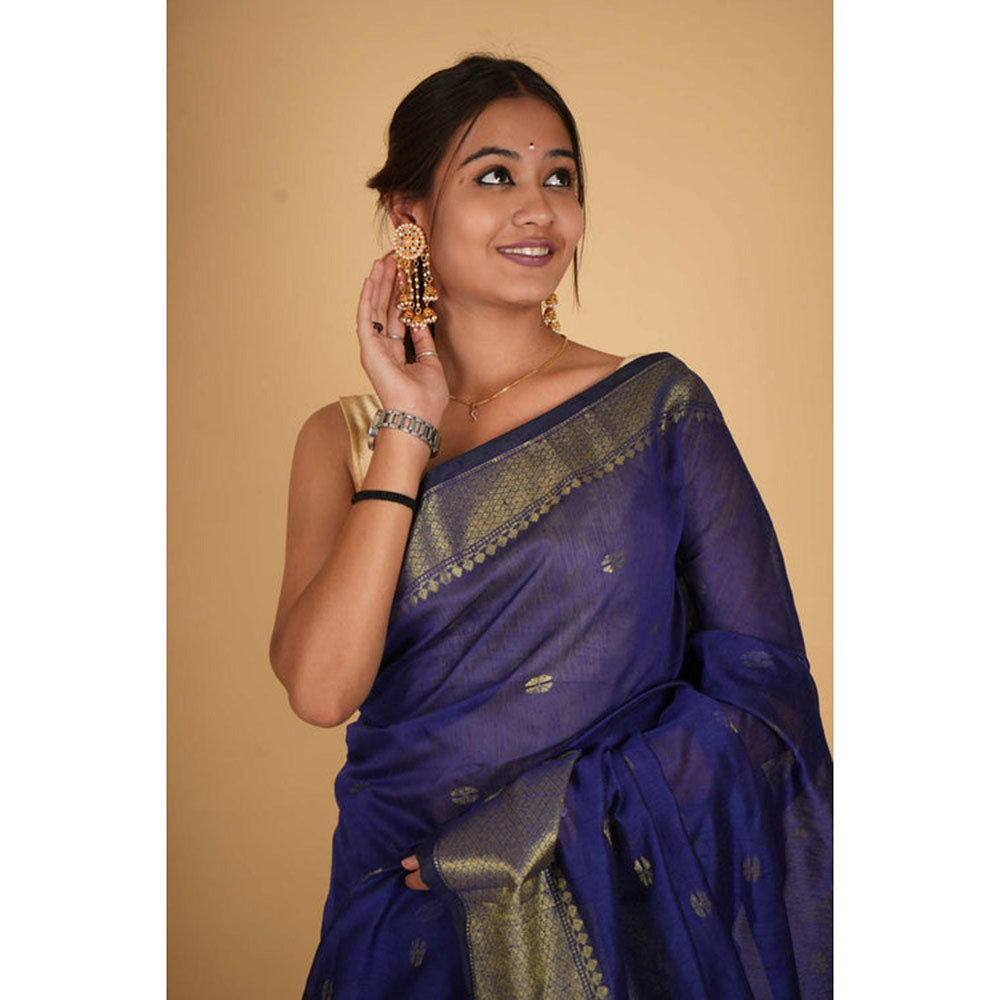 Isadora Life Womens Woven Tassels Blue Pre-Draped Saree With Unstitched Blouse