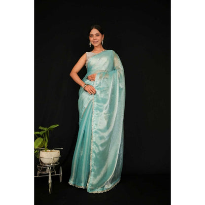 Isadora Life Womens Sequined Blue Pre-Draped Saree With Unstitched Blouse