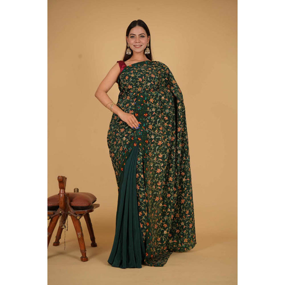Isadora Life Womens Floral Embroidered Green Pre-Draped Saree With Unstitched Blouse