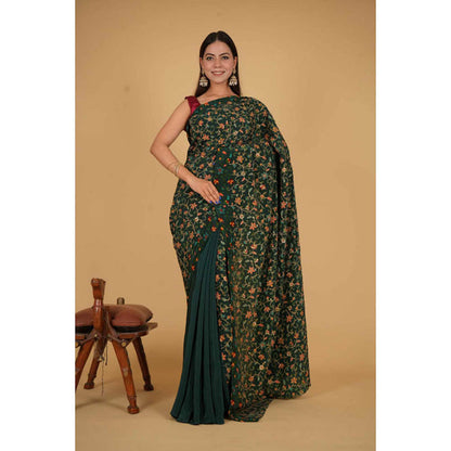 Isadora Life Womens Floral Embroidered Green Pre-Draped Saree With Unstitched Blouse