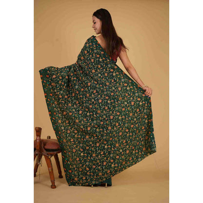 Isadora Life Womens Floral Embroidered Green Pre-Draped Saree With Unstitched Blouse