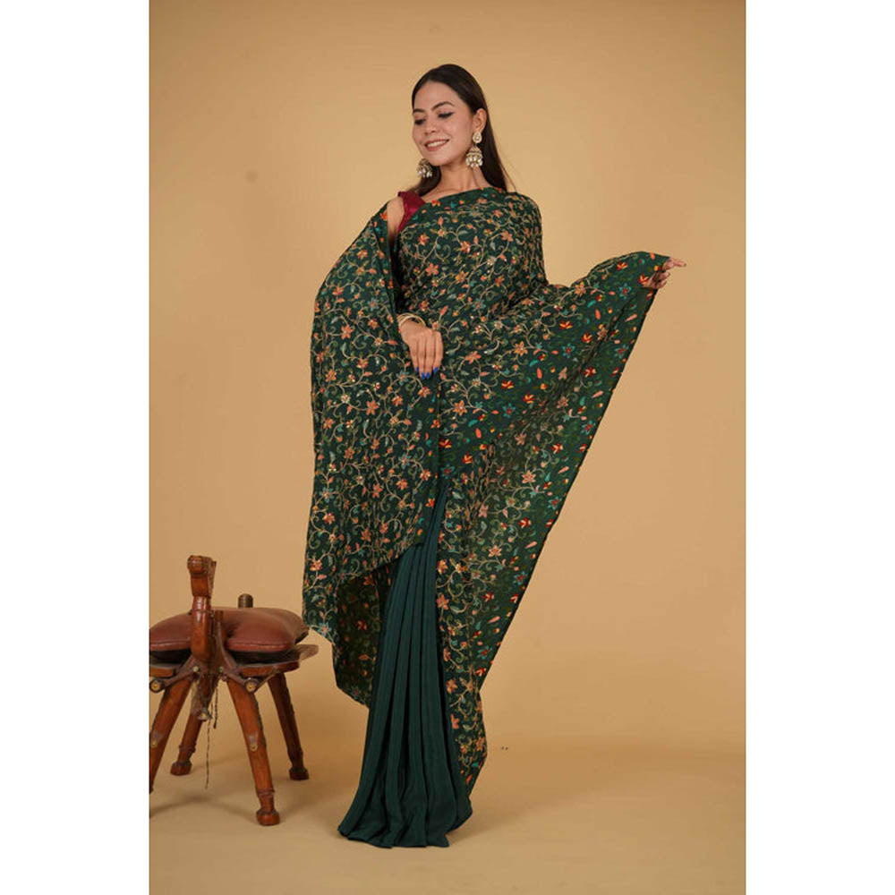 Isadora Life Womens Floral Embroidered Green Pre-Draped Saree With Unstitched Blouse
