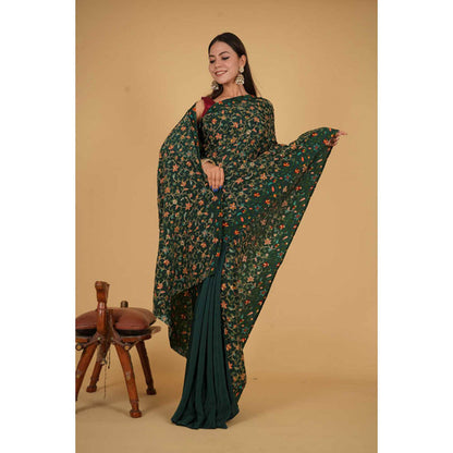 Isadora Life Womens Floral Embroidered Green Pre-Draped Saree With Unstitched Blouse