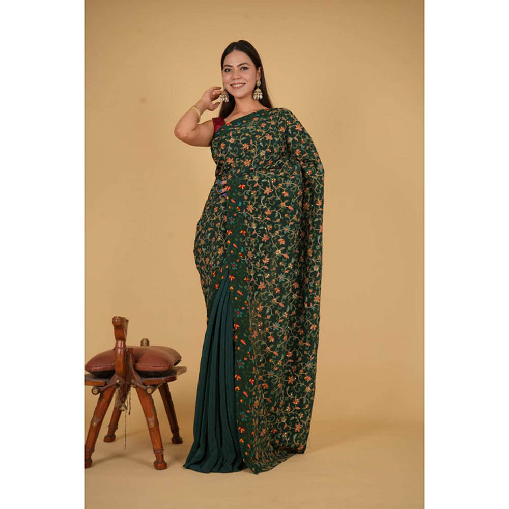 Isadora Life Womens Floral Embroidered Green Pre-Draped Saree With Unstitched Blouse