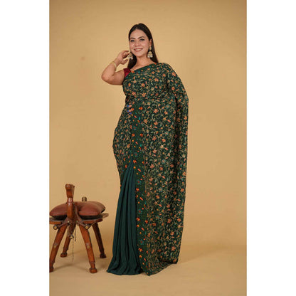 Isadora Life Womens Floral Embroidered Green Pre-Draped Saree With Unstitched Blouse