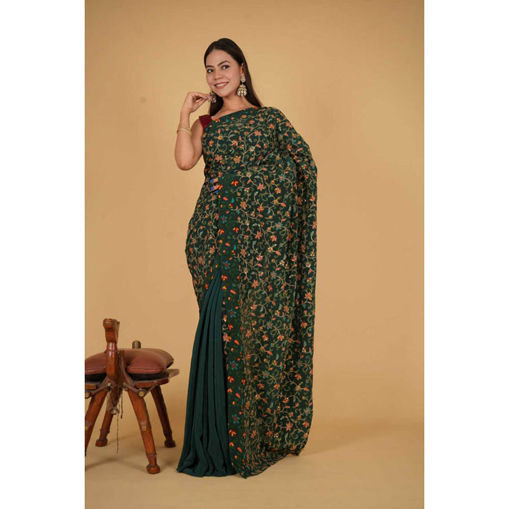 Isadora Life Womens Floral Embroidered Green Pre-Draped Saree With Unstitched Blouse