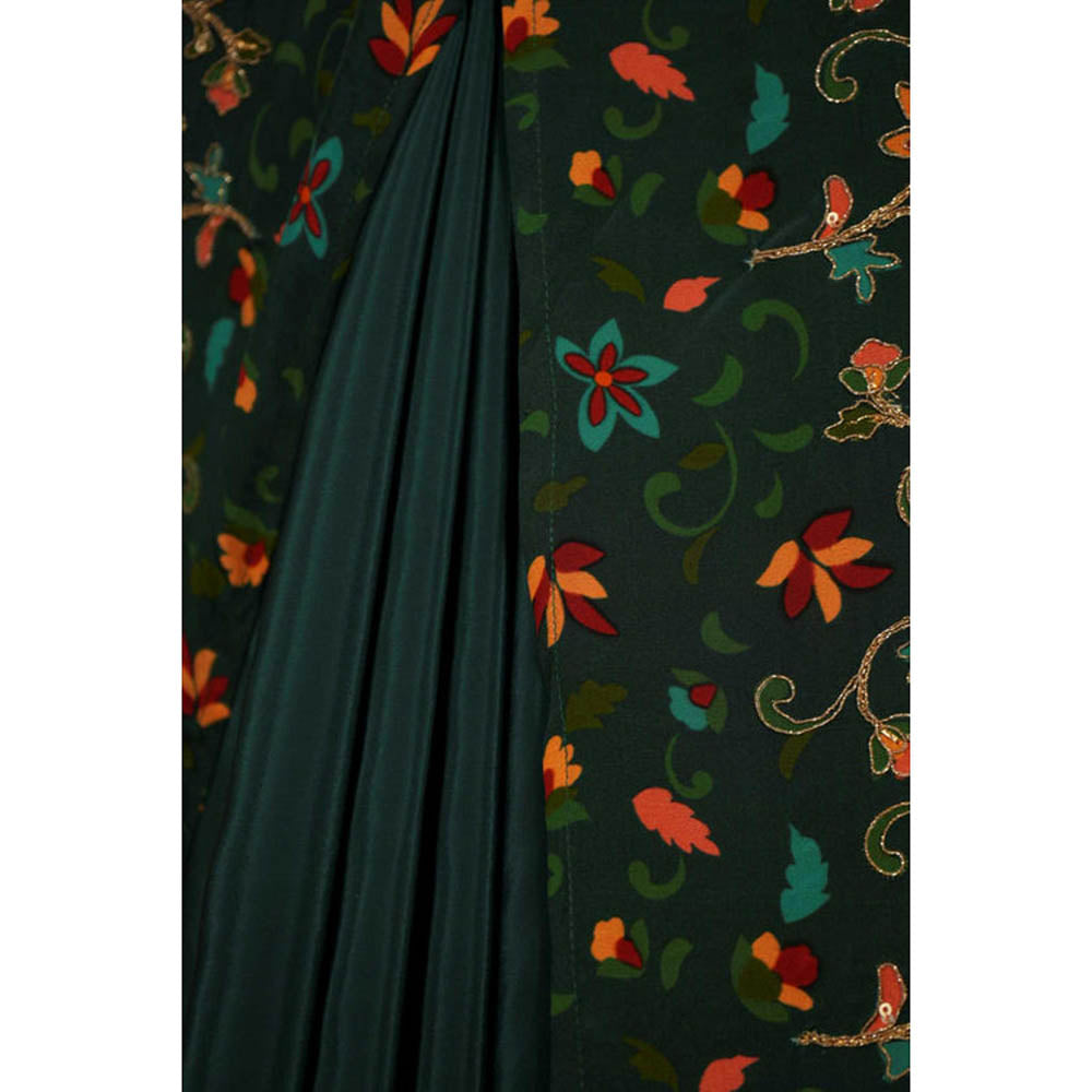 Isadora Life Womens Floral Embroidered Green Pre-Draped Saree With Unstitched Blouse