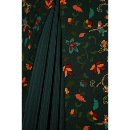 Isadora Life Womens Floral Embroidered Green Pre-Draped Saree With Unstitched Blouse