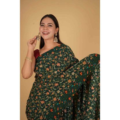 Isadora Life Womens Floral Embroidered Green Pre-Draped Saree With Unstitched Blouse
