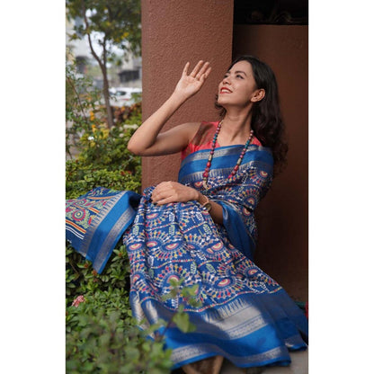 Isadora Life Womens Kalamkari Printed Blue Pre-Draped Saree With Unstitched Blouse