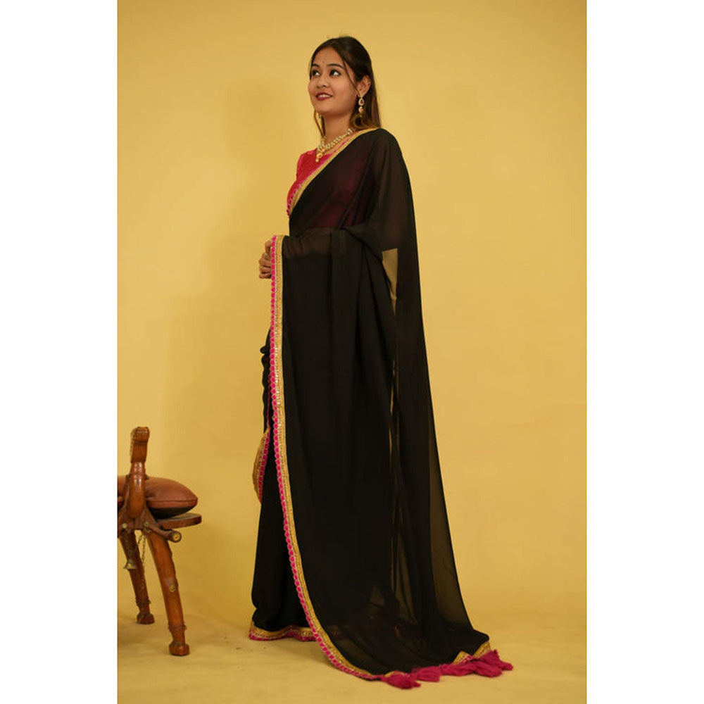 Isadora Life Womens Solid Tassels Black Pre-Draped Saree With Unstitched Blouse
