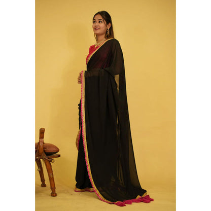 Isadora Life Womens Solid Tassels Black Pre-Draped Saree With Unstitched Blouse