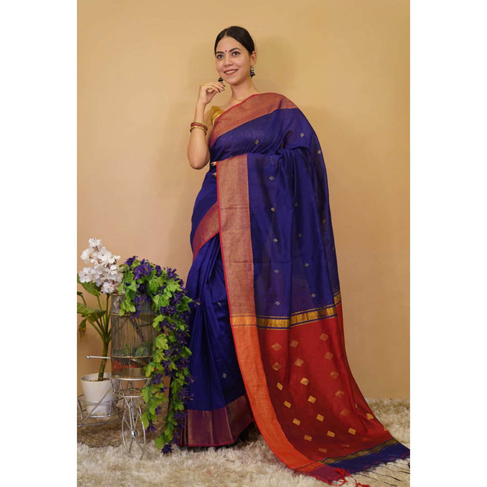 Isadora Life Womens Woven Tassels Blue Pre-Draped Saree With Unstitched Blouse