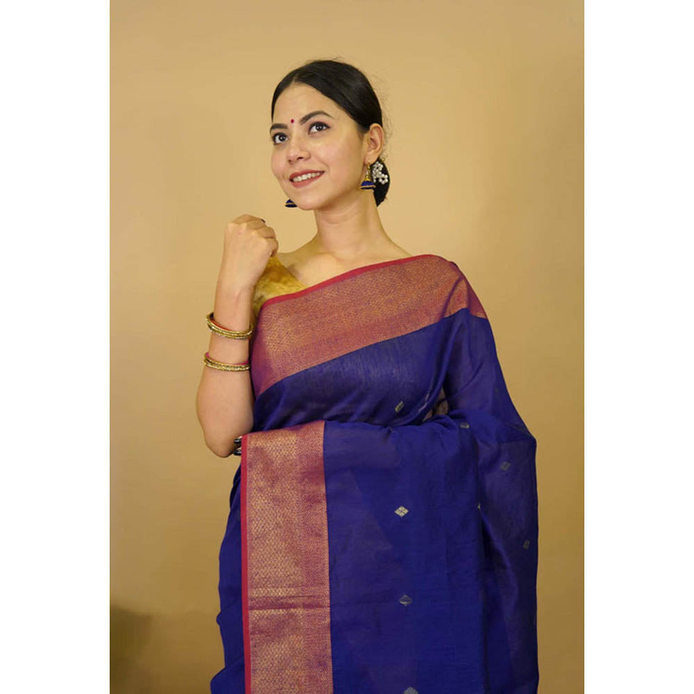 Isadora Life Womens Woven Tassels Blue Pre-Draped Saree With Unstitched Blouse