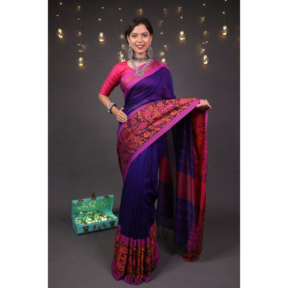 Isadora Life Womens Woven Tassels Navy Blue Pre-Draped Saree With Unstitched Blouse