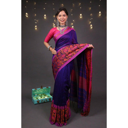 Isadora Life Womens Woven Tassels Navy Blue Pre-Draped Saree With Unstitched Blouse
