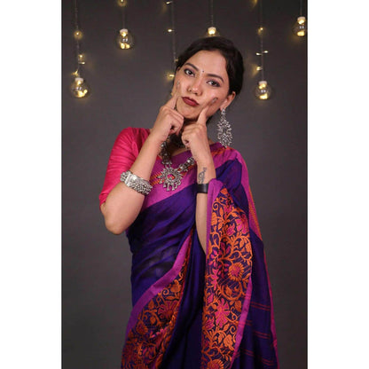 Isadora Life Womens Woven Tassels Navy Blue Pre-Draped Saree With Unstitched Blouse