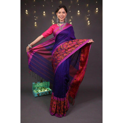 Isadora Life Womens Woven Tassels Navy Blue Pre-Draped Saree With Unstitched Blouse