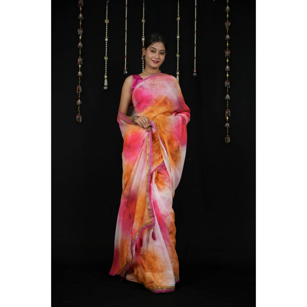 Isadora Life Womens Abstract Printed Multi-Color Pre-Draped Saree With Unstitched Blouse