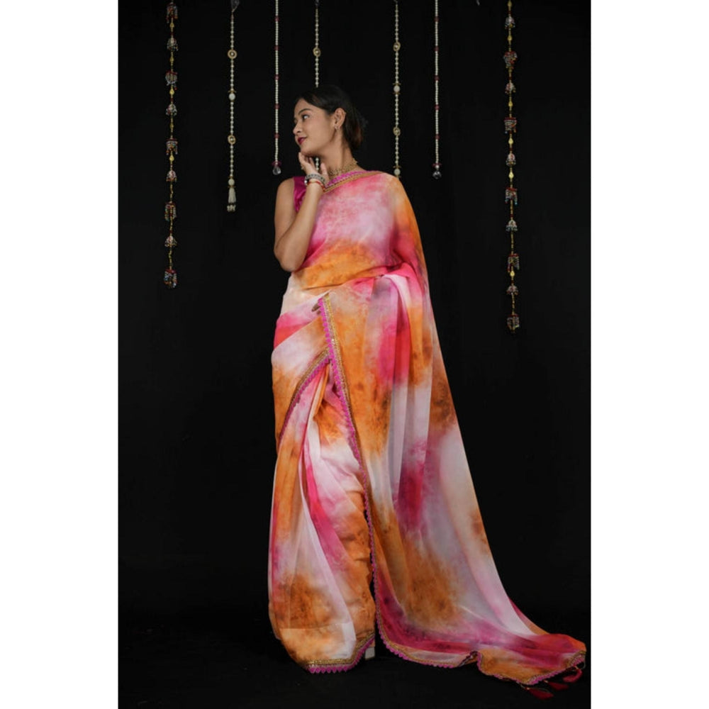 Isadora Life Womens Abstract Printed Multi-Color Pre-Draped Saree With Unstitched Blouse