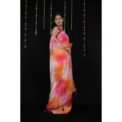 Isadora Life Womens Abstract Printed Multi-Color Pre-Draped Saree With Unstitched Blouse