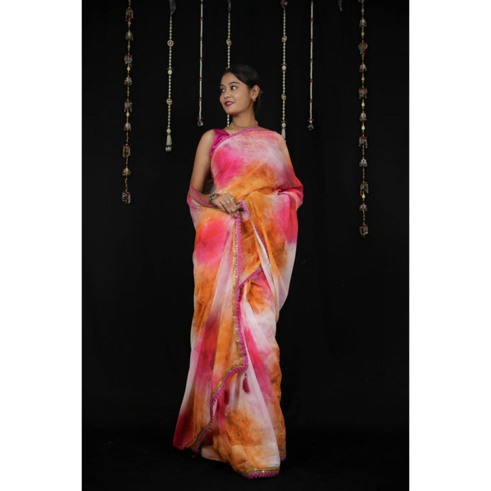 Isadora Life Womens Abstract Printed Multi-Color Pre-Draped Saree With Unstitched Blouse