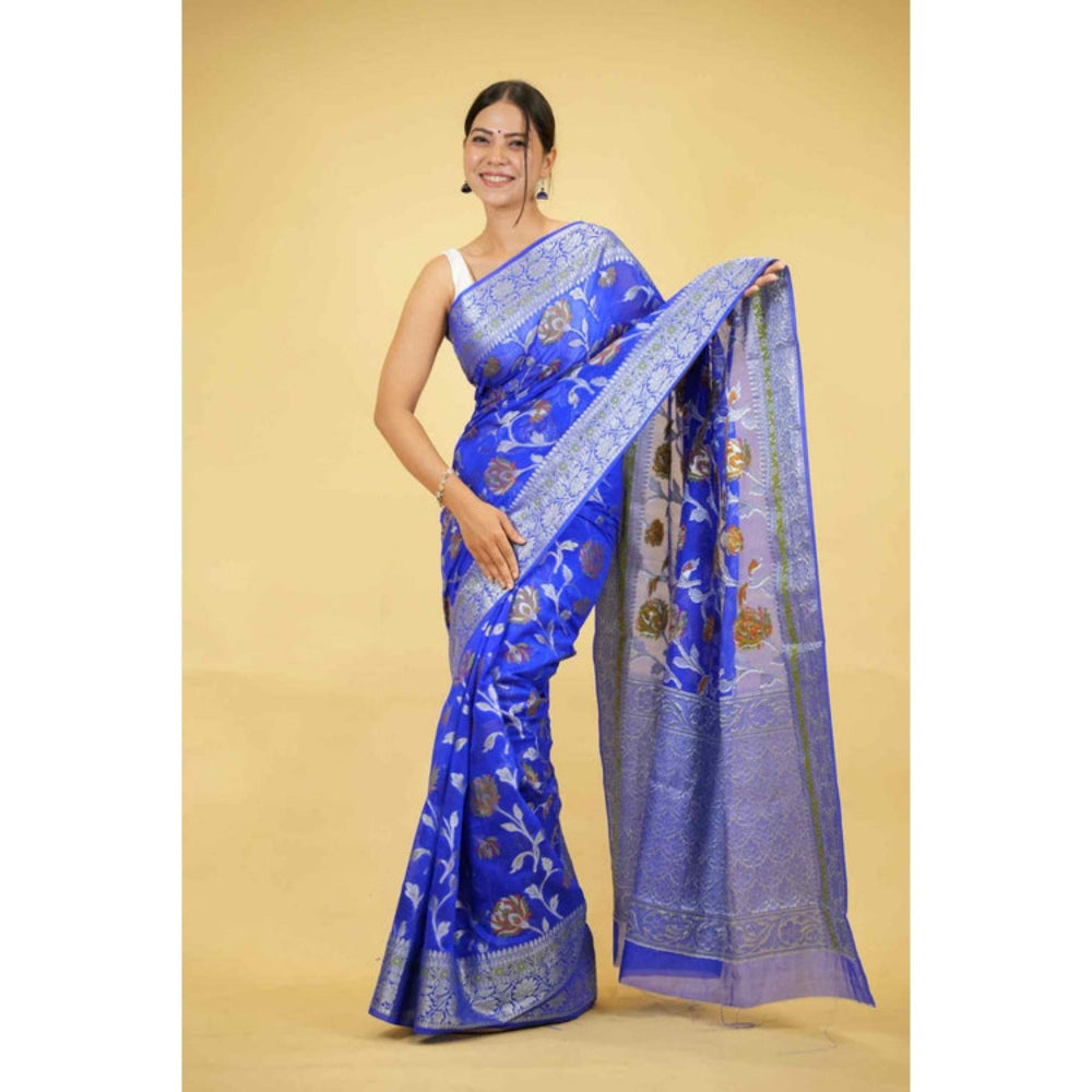 Isadora Life Womens Woven Zari Blue Pre-Draped Saree With Unstitched Blouse