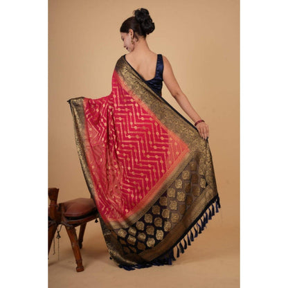 Isadora Life Womens Woven Zari Pink Pre-Draped Saree With Unstitched Blouse