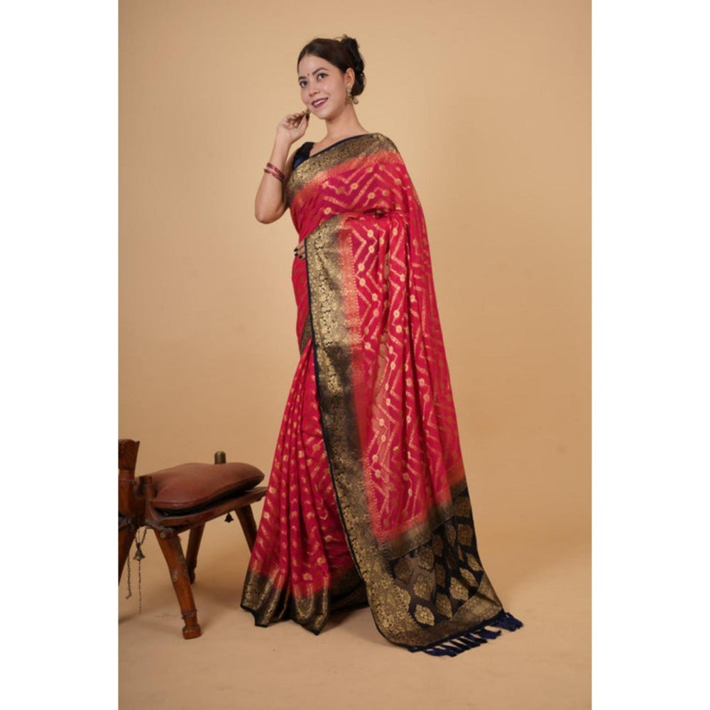 Isadora Life Womens Woven Zari Pink Pre-Draped Saree With Unstitched Blouse