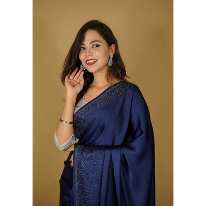 Isadora Life Womens Sequined Navy Blue Pre-Draped Saree With Unstitched Blouse
