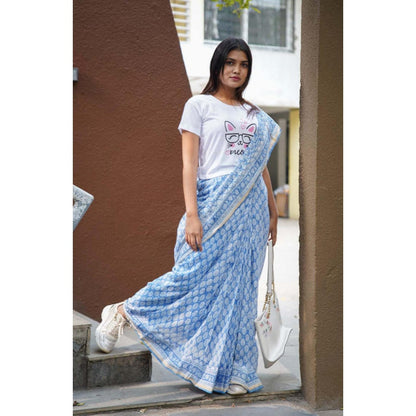 Isadora Life Womens Block Print Blue Pre-Draped Saree With Unstitched Blouse