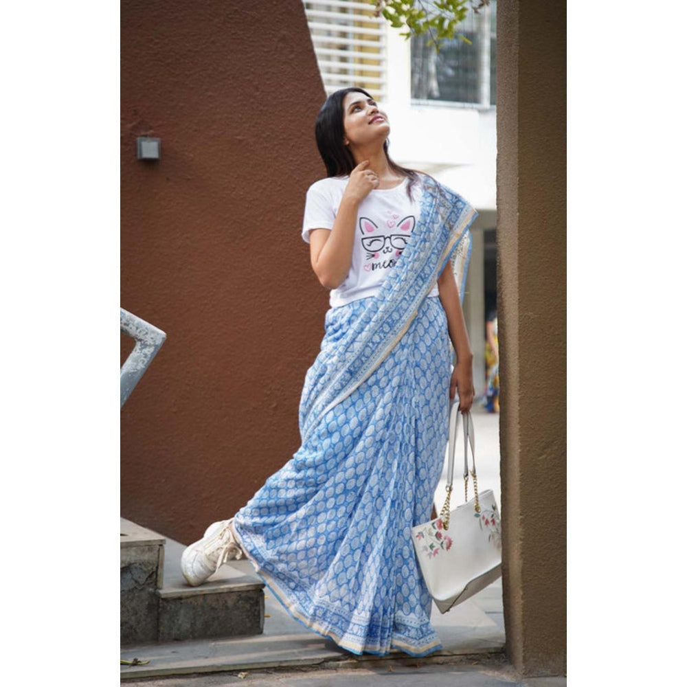 Isadora Life Womens Block Print Blue Pre-Draped Saree With Unstitched Blouse