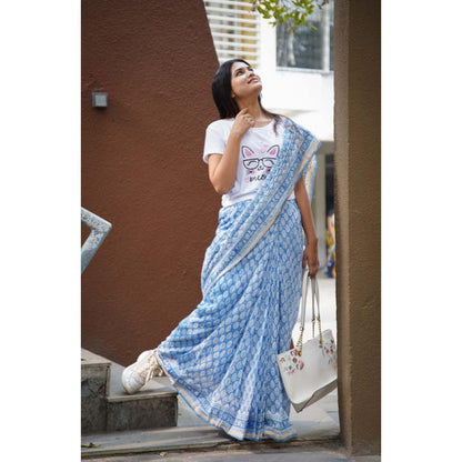 Isadora Life Womens Block Print Blue Pre-Draped Saree With Unstitched Blouse