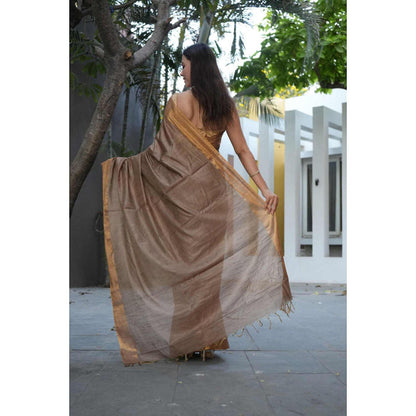 Isadora Life Womens Solid Tassels Brown Pre-Draped Saree With Unstitched Blouse