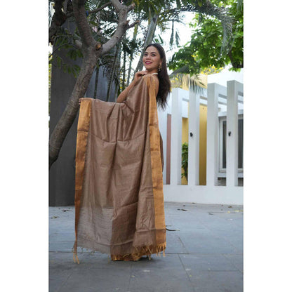 Isadora Life Womens Solid Tassels Brown Pre-Draped Saree With Unstitched Blouse