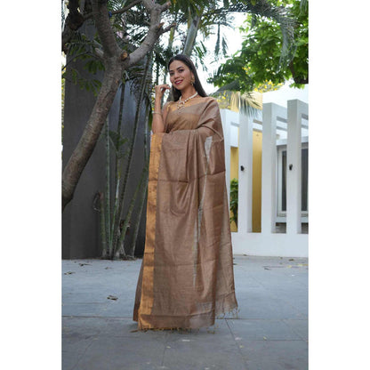 Isadora Life Womens Solid Tassels Brown Pre-Draped Saree With Unstitched Blouse