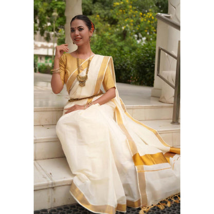 Isadora Life Womens Solid Zari White Pre-Draped Saree With Unstitched Blouse