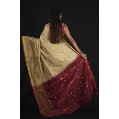 Isadora Life Womens Woven Tassels Beige Pre-Draped Saree With Unstitched Blouse