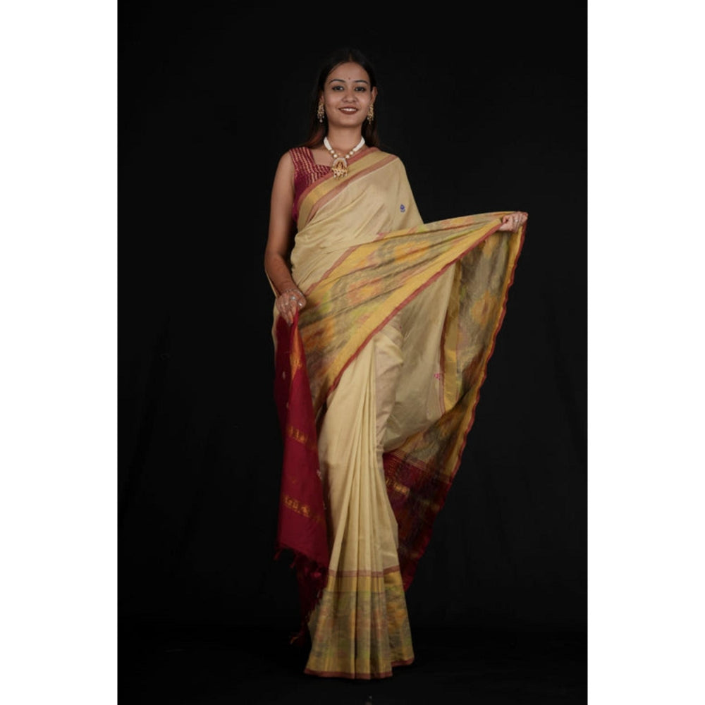 Isadora Life Womens Woven Tassels Beige Pre-Draped Saree With Unstitched Blouse
