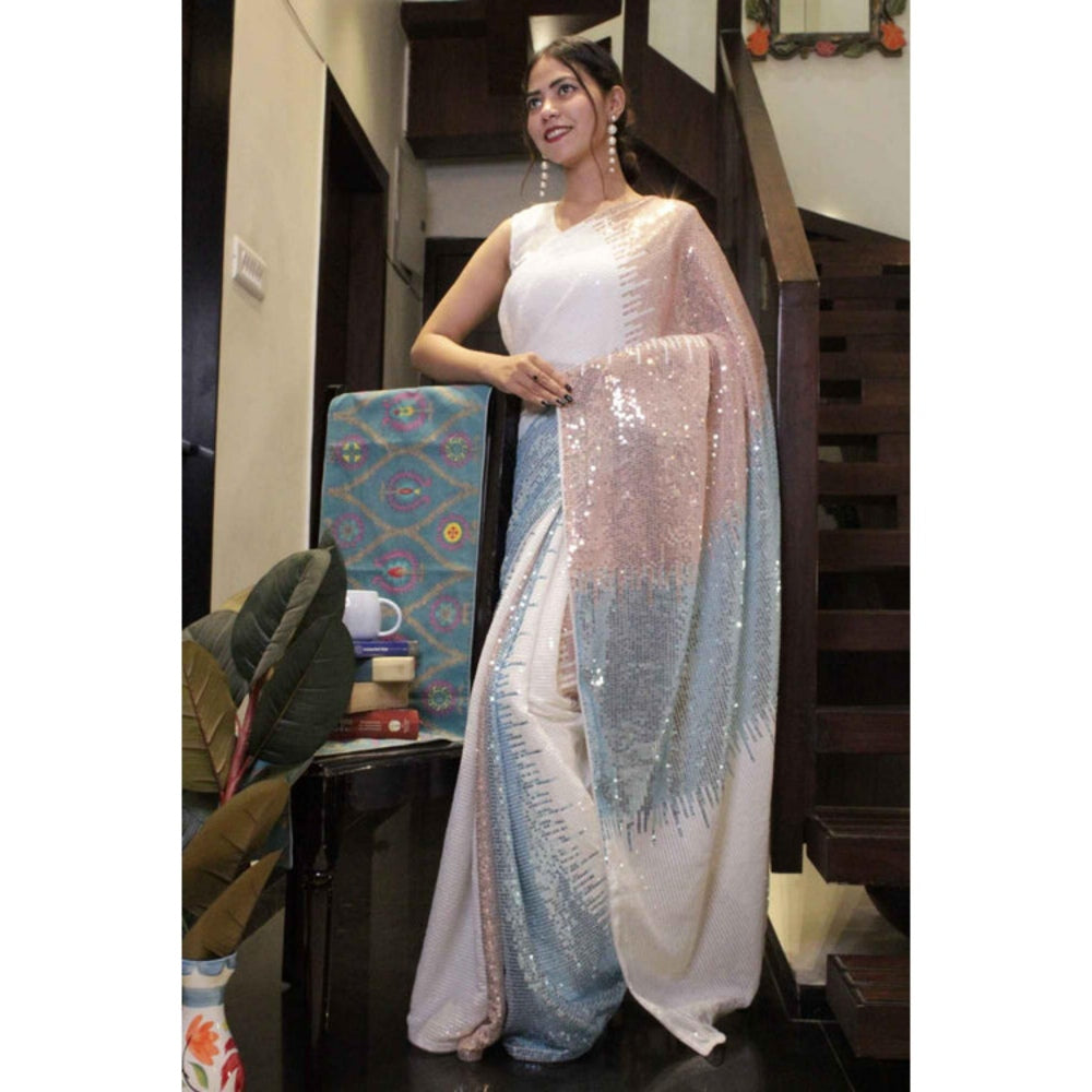 Isadora Life Womens Embroidered Sequined Multi-Color Pre-Draped Saree With Unstitched Blouse