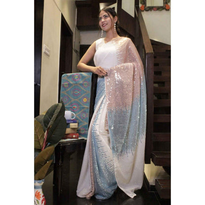 Isadora Life Womens Embroidered Sequined Multi-Color Pre-Draped Saree With Unstitched Blouse