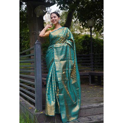 Isadora Life Womens Woven Zari Blue Pre-Draped Saree With Unstitched Blouse