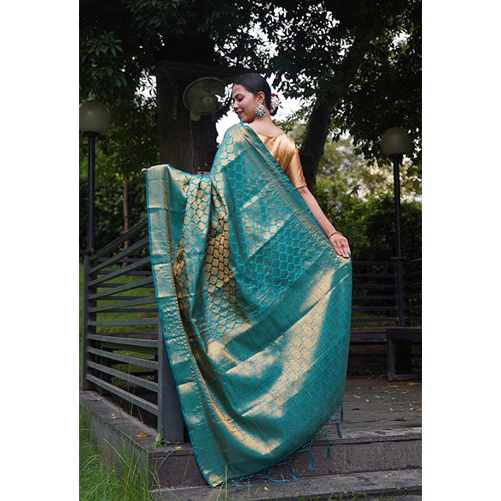 Isadora Life Womens Woven Zari Blue Pre-Draped Saree With Unstitched Blouse