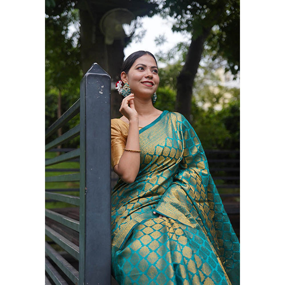 Isadora Life Womens Woven Zari Blue Pre-Draped Saree With Unstitched Blouse