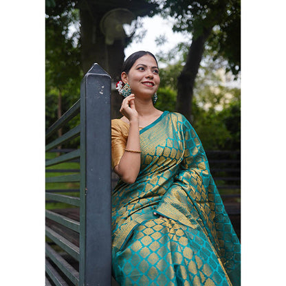 Isadora Life Womens Woven Zari Blue Pre-Draped Saree With Unstitched Blouse