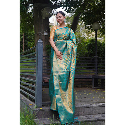 Isadora Life Womens Woven Zari Blue Pre-Draped Saree With Unstitched Blouse
